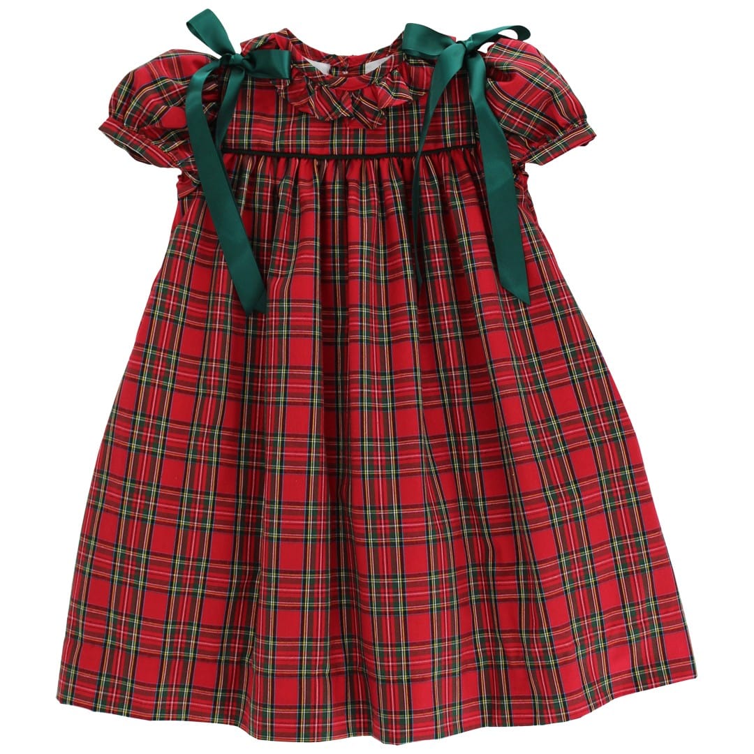 Red plaid dress with green ribbons
