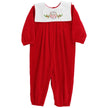 Red baby romper with white collar featuring a drum design 