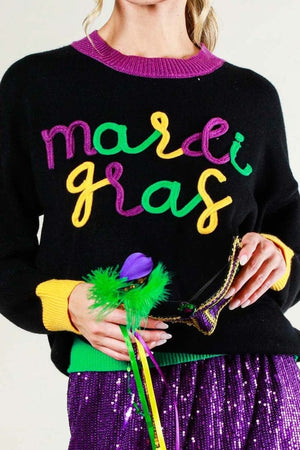 Vine & Love Mardi Gras Contrast Letter Sweater in Black