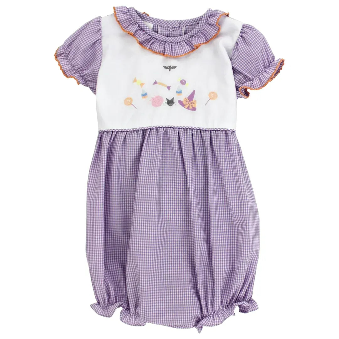 Purple gingham Trick-or-Treat bubble short for baby girls