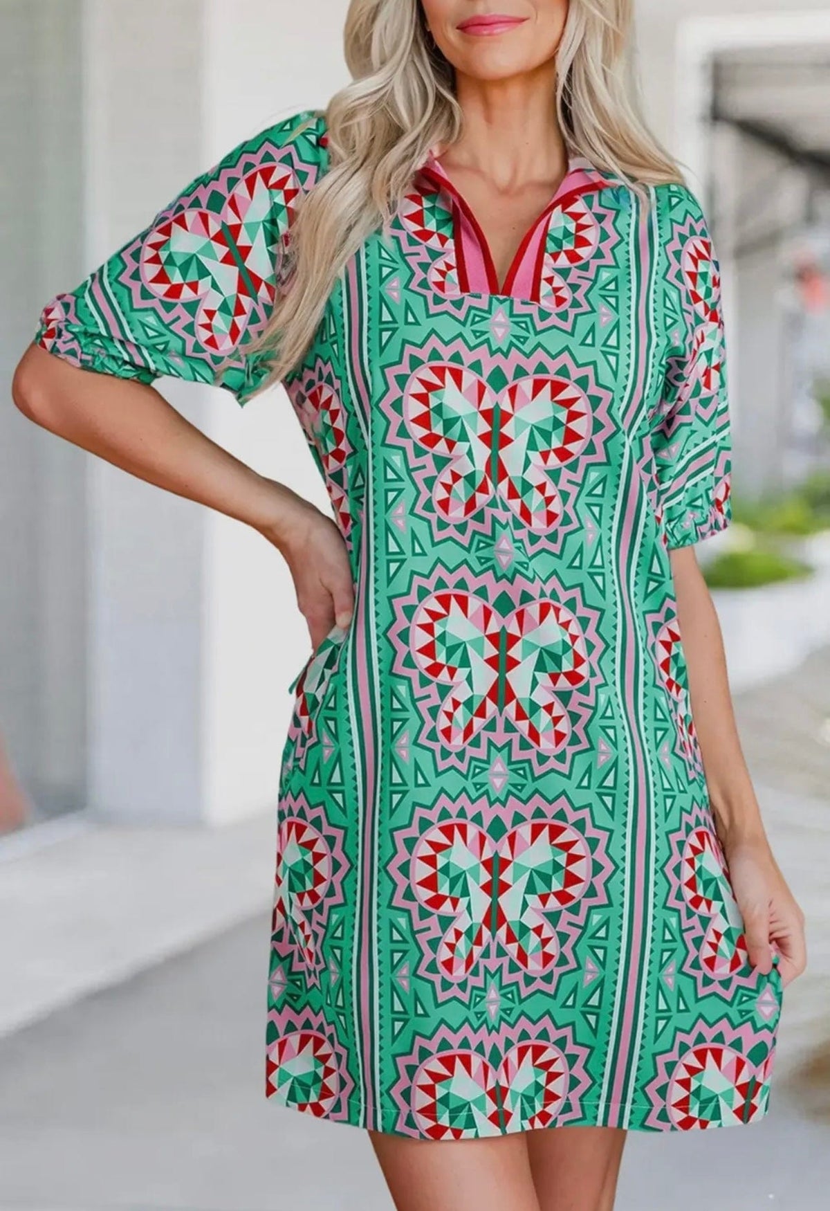 Aapparella Aapparella Geometric Butterfly Print Split Neck Mini Dress - Little Miss Muffin Children & Home