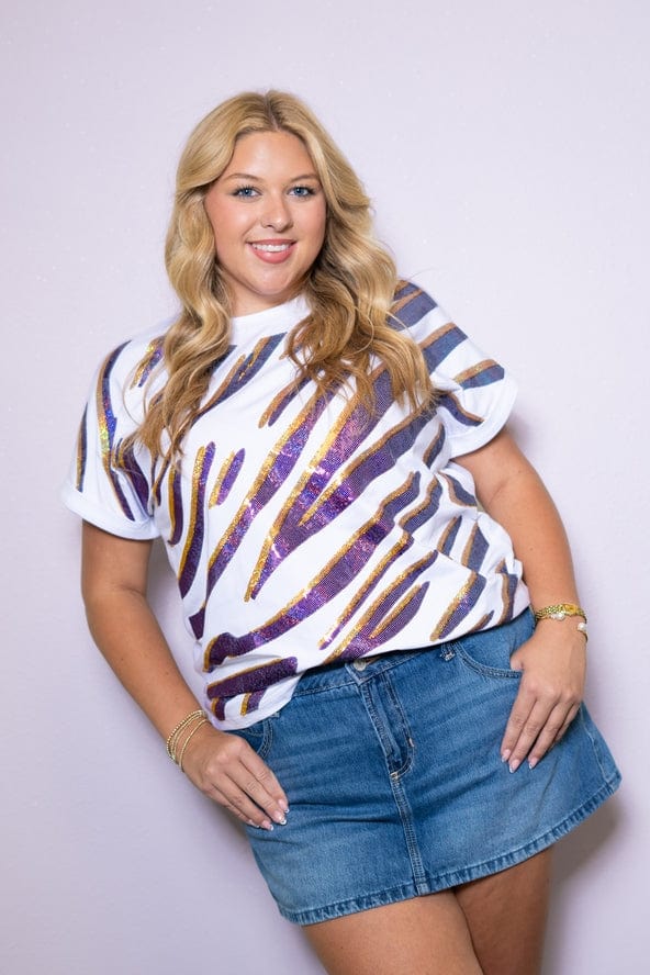 Bomb Designs Purple & Gold Tiger Stripe Women's Sequin Design Tee - Little Miss Muffin Children & Home