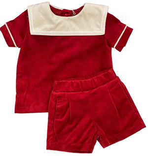 Lulu Bebe Lulu Bebe Walter Red Velvet Square Collar Boy Shortset - Little Miss Muffin Children & Home