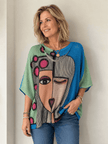 Blue Picasso Art Knit Sweater | Abstract Face Print | 3/4 Dolman Sleeves
