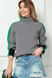 Cezele Herringbone Turtleneck Knit Sweater with Green Stripe