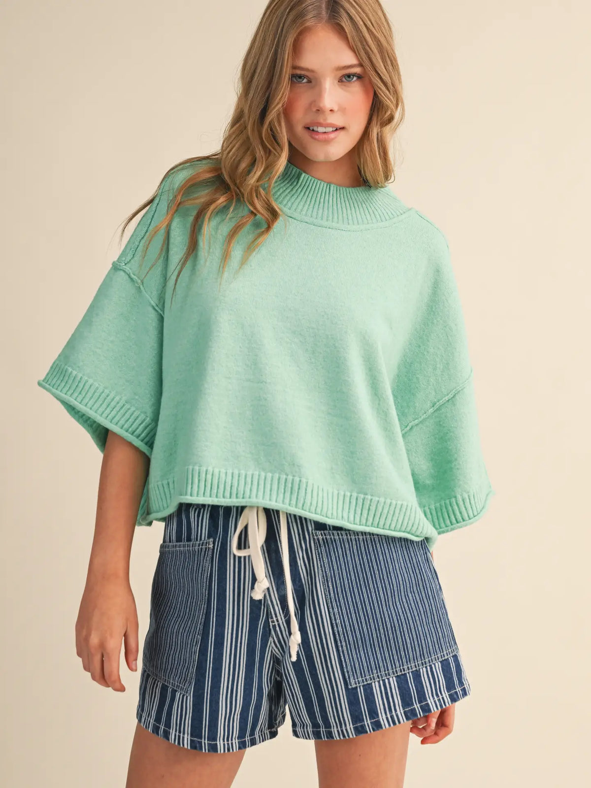 Marled Knit Mock Neck Short Sleeve Crop Sweater in Mint Green