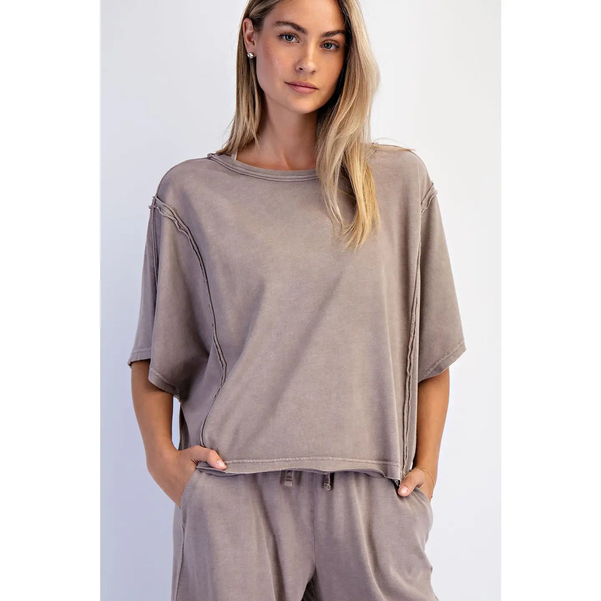 Mineral Washed Boxy Top & Barrel Pant Set in Mocha