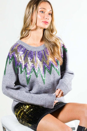 Vine & Love Vine & Love Sequin Neckline Mardi Gras Sweater - Little Miss Muffin Children & Home