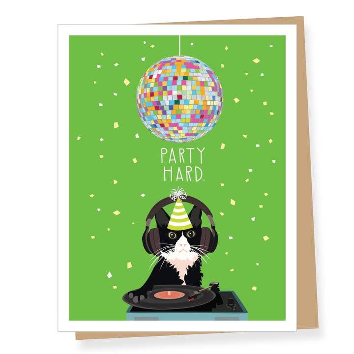 Card with a cat DJing and a disco ball on a green background