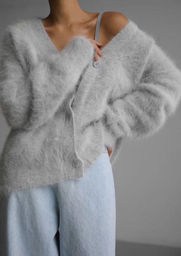 Oversized Button Front Fuzzy Cardigan in Light Grey Little Miss