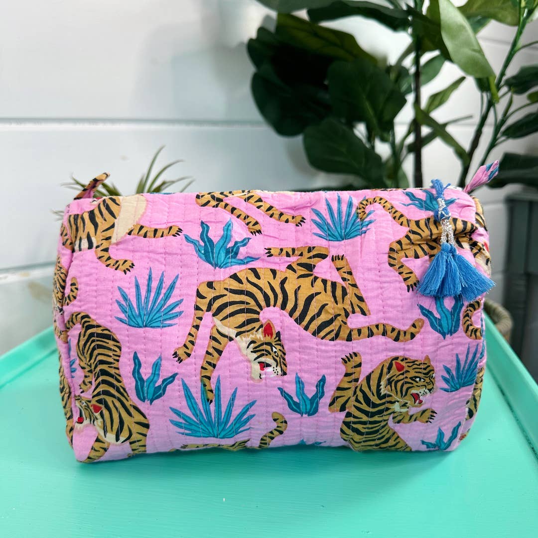 Folklore Couture Light Pink Blue Tiger Print Quilted Travel Cosmetic Bag - Little Miss Muffin Children & Home