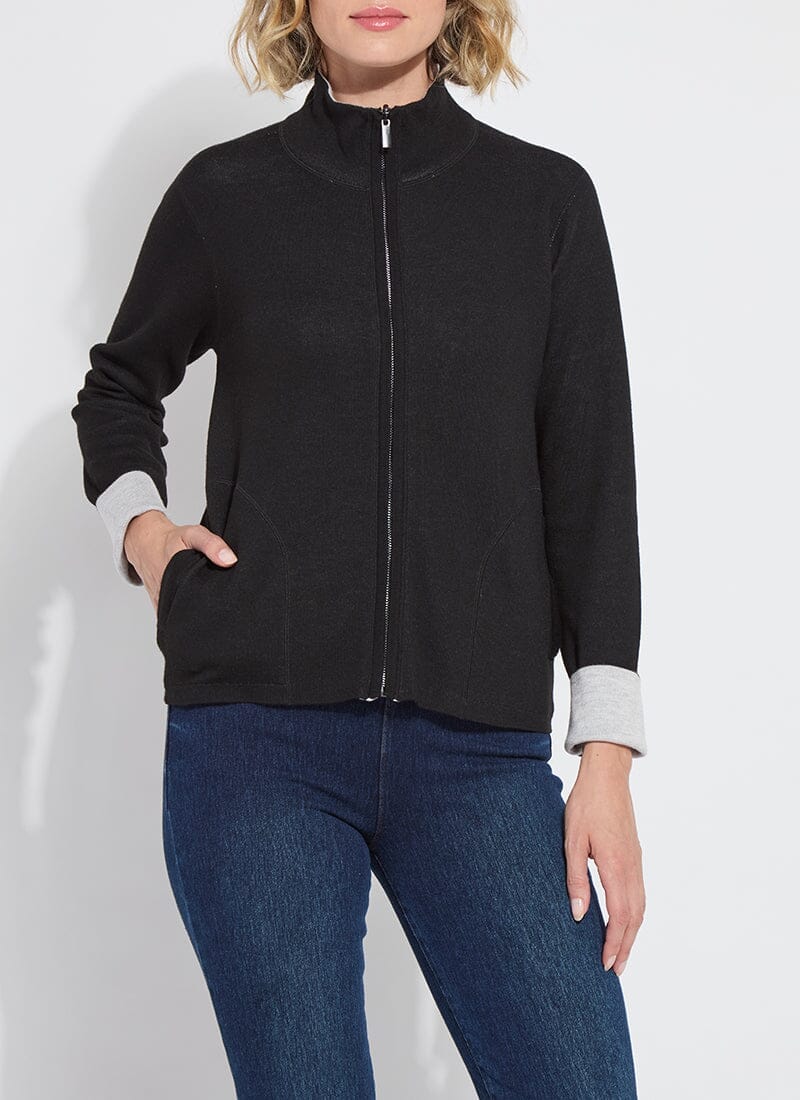 Lyssé Reversible Cashmere Zip-Up Cardigan – Black/Pearl Grey Melange