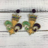 SongLily Beaded Mardi Gras FDL/Crown Earrings