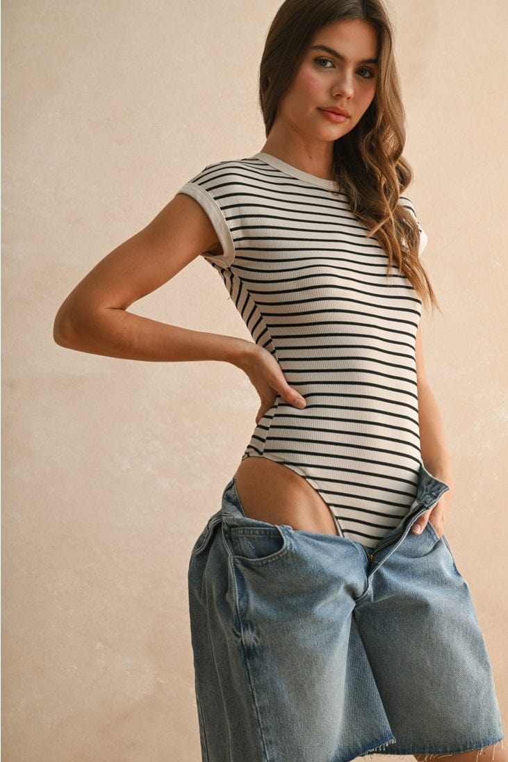 Miou Muse Ribbed Striped Cap Sleeve Bodysuit in Stone/Black - Little Miss Muffin Children & Home
