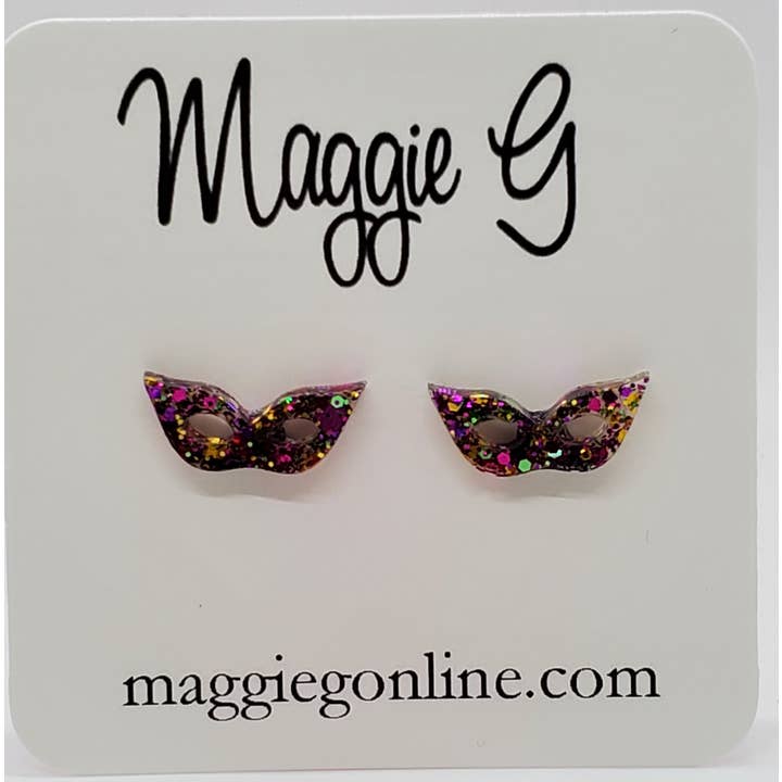 Fat Tuesday Mardi Gras Mask Glitter Stud Earrings