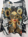 Newsprint Sunflower Girl Print Knit Sweater