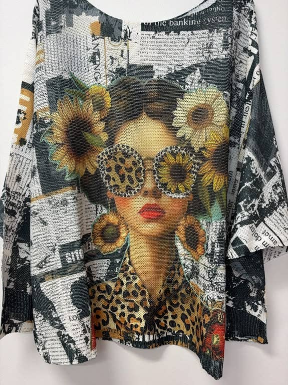 Newsprint Sunflower Girl Print Knit Sweater