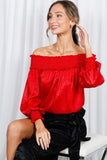 Vine & Love Smocked Off-the-Shoulder Metallic Blouse in Red