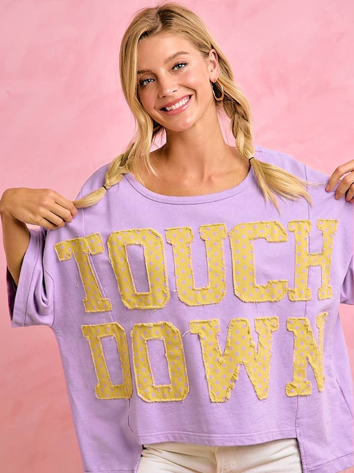 Polka Dot Patch Letters Touch Down Oversized Short Sleeve Top