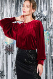 Vine & Love Long Balloon Sleeve Round Neck Velvet Blouse Top in Burgundy