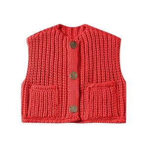 Rosa Clothing Knit Cardigan Gilet With Pocket in Red