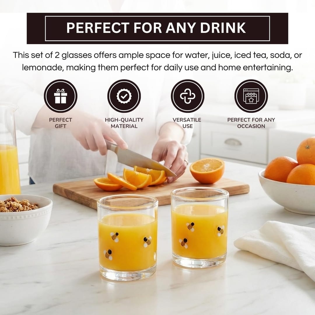 Bee juice glass filled with a drink