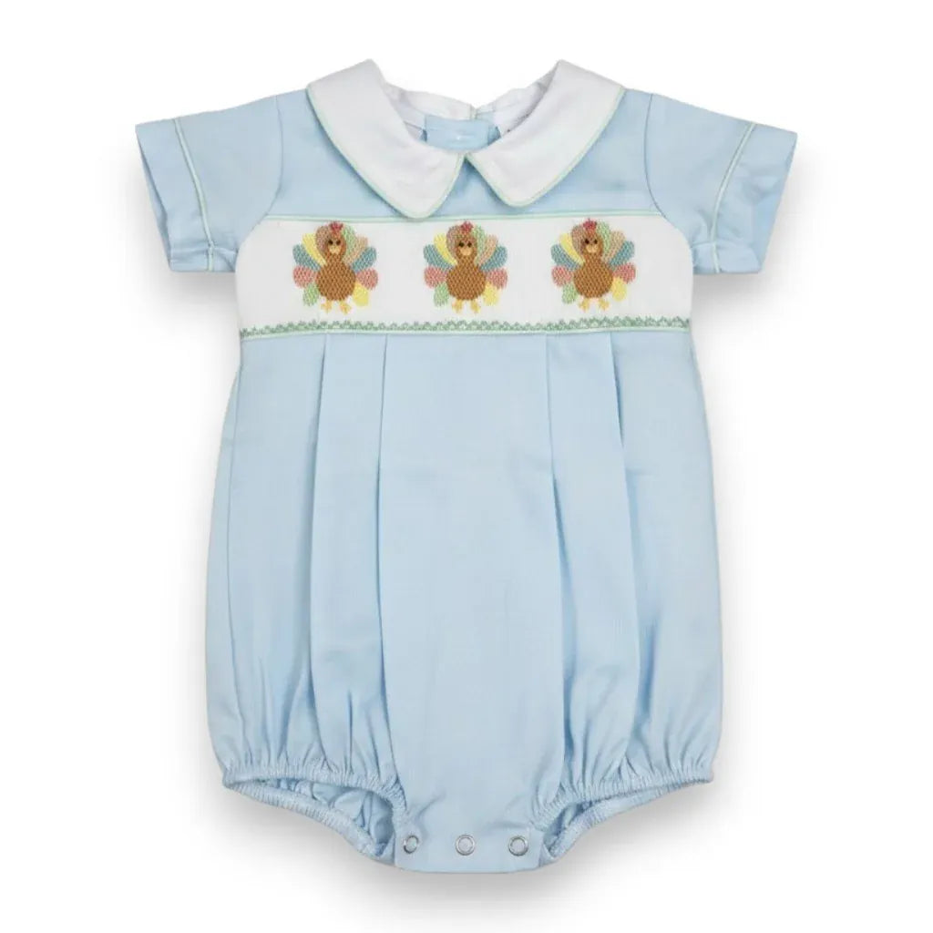 Blake Turkey Smocked White Collared Bubble with Pintucks