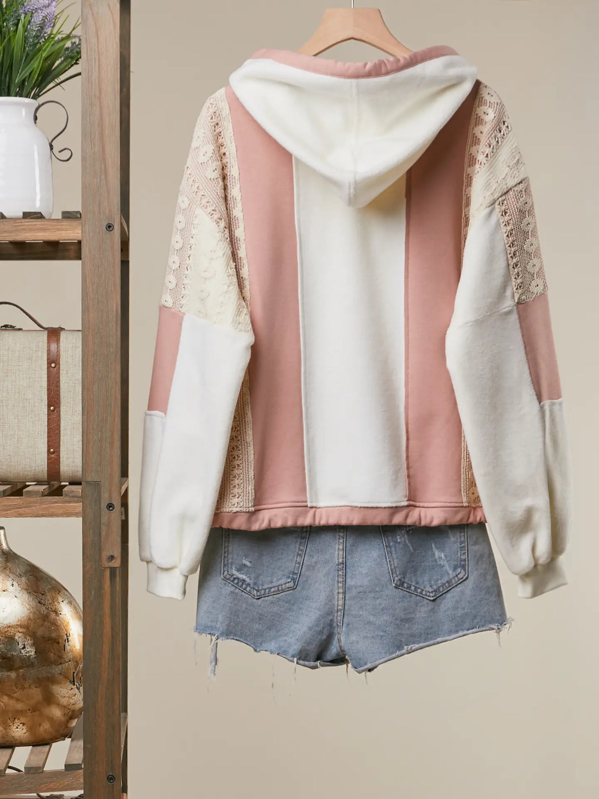 Pale Peach Ivory Crochet Trim Colorblock Zip-Up Hoodie with Drawstring Hem