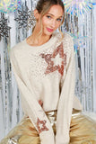 Vine & Love Star Sequin Detail Crew Neck Knitted Sweater Top