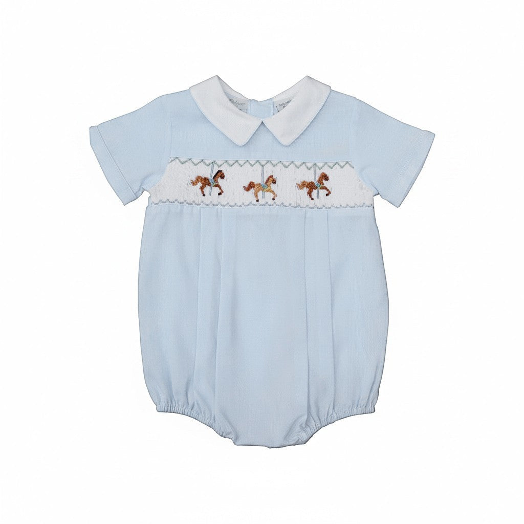 Boys Hand Smocked Light Blue Carousel Horse Classic Creeper Bubble Romper