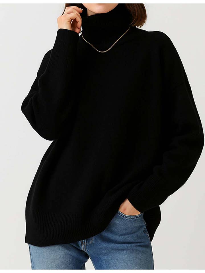 Black Oversized Turtleneck Knit Sweater