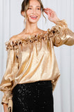 Vine & Love Ruffle Off-the-Shoulder Metallic Blouse in Gold