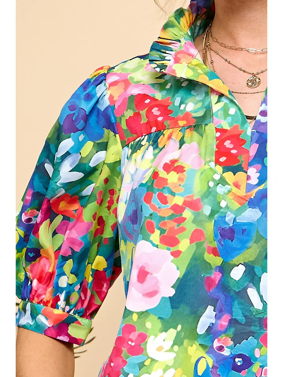 Bright Floral Puff Sleeve Blouse