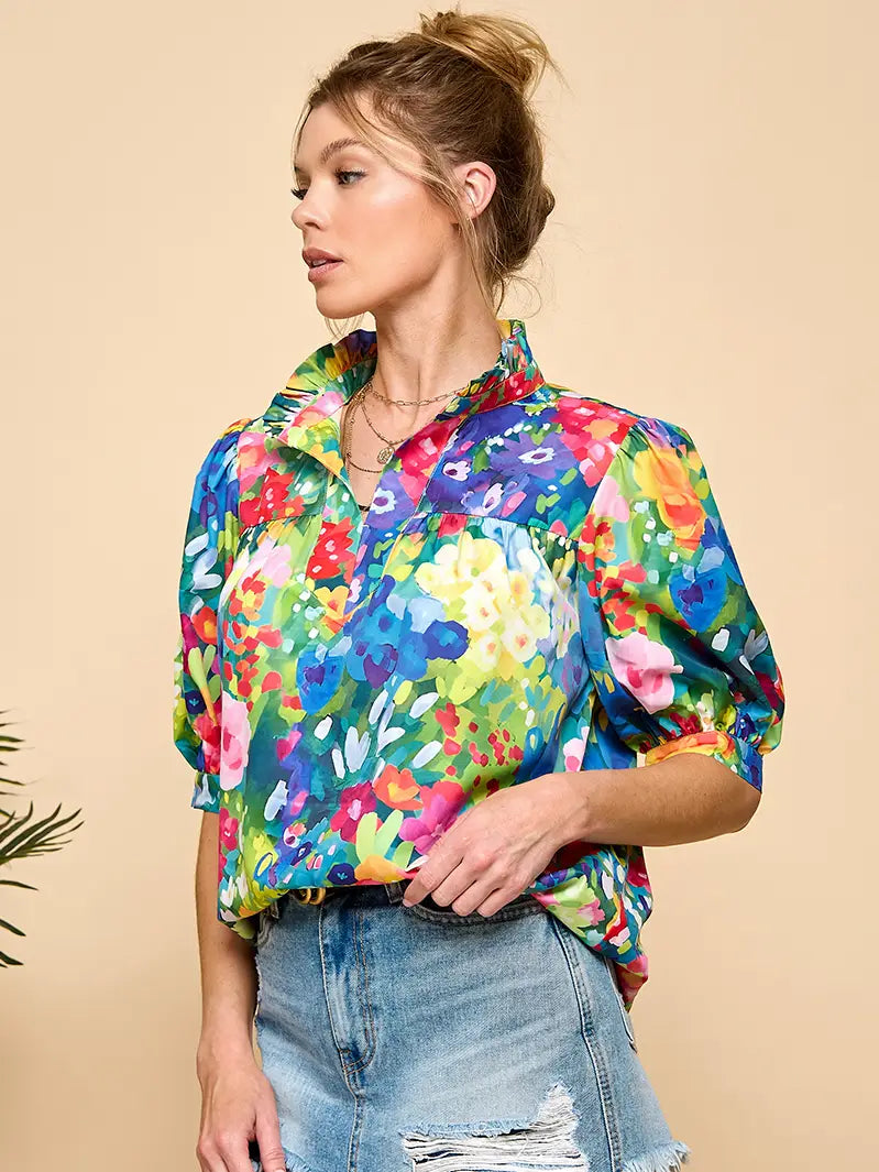 Bright Floral Puff Sleeve Blouse