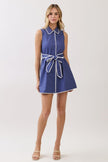 Scallop Trim Sleeveless Mini Shirt Dress with Sash Belt