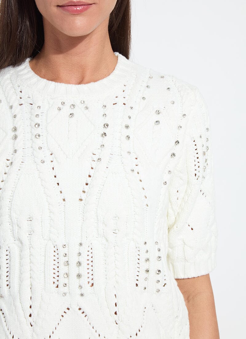 Cozy Short Sleeve Embellished Cable Sweater