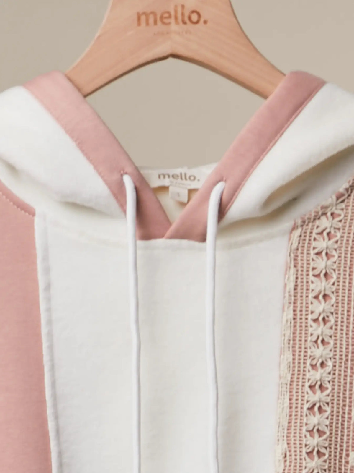 Pale Peach Ivory Crochet Trim Colorblock Zip-Up Hoodie with Drawstring Hem
