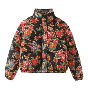 Rosa Clothing Color-Block Floral Print Padded Jacket in Black