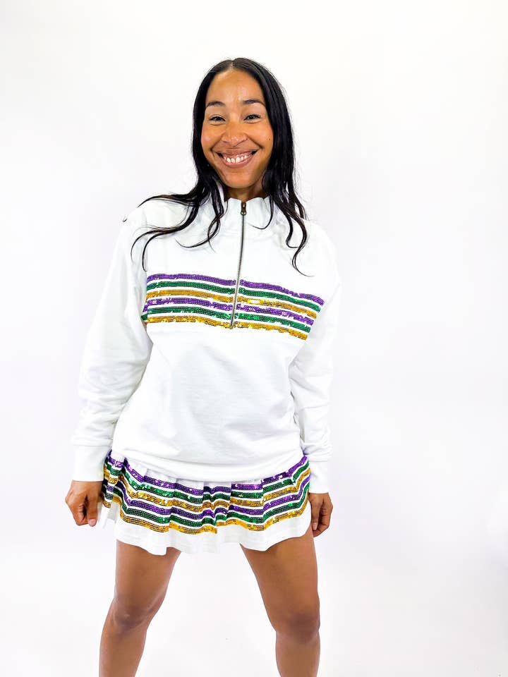 White Mardi Gras Adult Sequin Chest Stripe 1/4 Zip Pullover