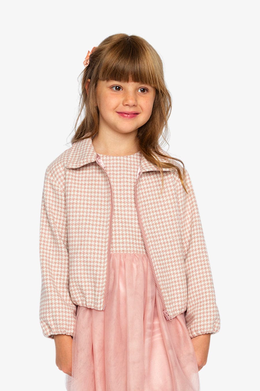 Yarn Dye Pink Houndstooth Bomber Jacket