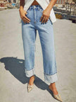 Dark Blue Ladies Rolled Hem Straight Leg Denim Pants