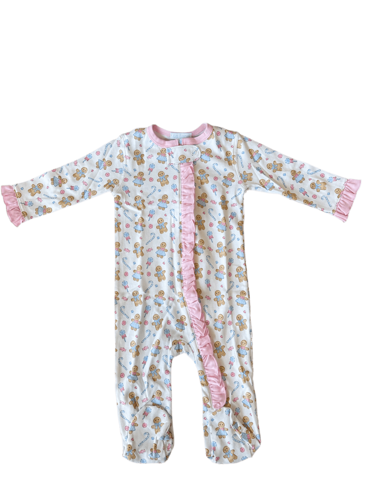 baby onesie with ginger breads and ruffle trim
