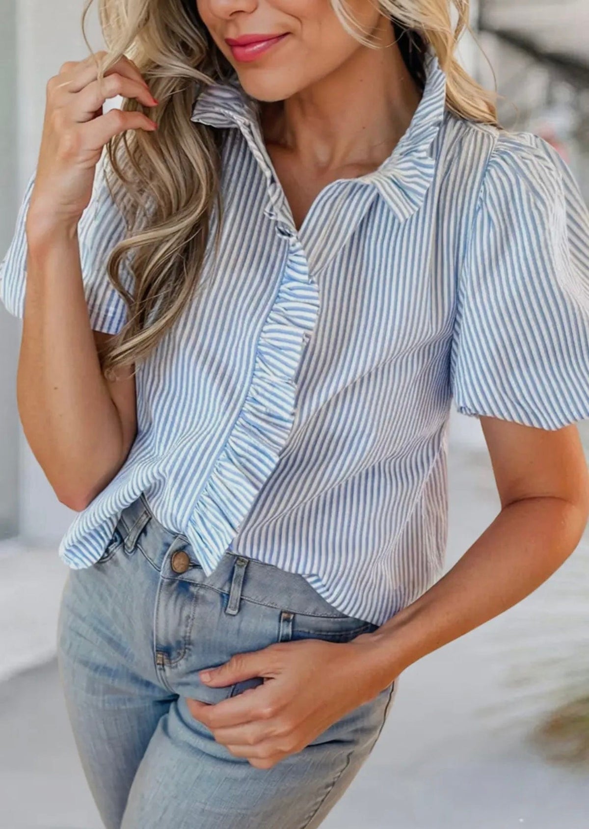 Aapparella Aapparella Texture Striped Ruffle Sleeve Shift Blouse - Little Miss Muffin Children & Home