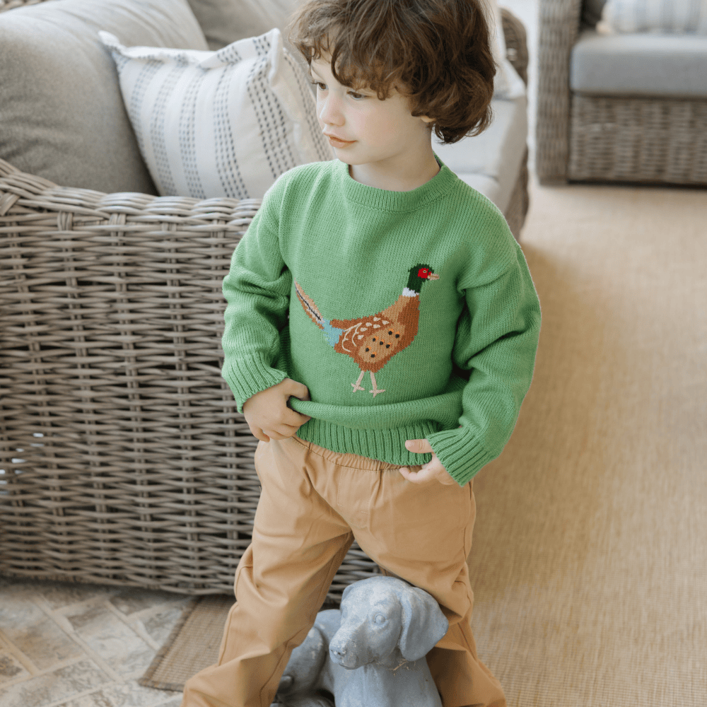 A Pheasant Graphic Crew Neck Sweater in Sage Green