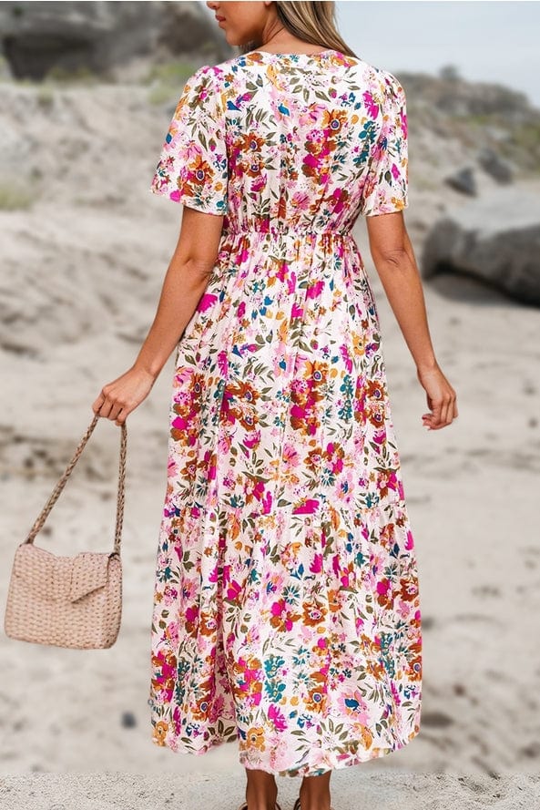 Aapparella Aapparella Floral Short Sleeve V Neck High Waist Maxi Dress - Little Miss Muffin Children & Home