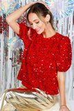 Vine & Love Sequin Velvet Puff Sleeve Blouse in Red