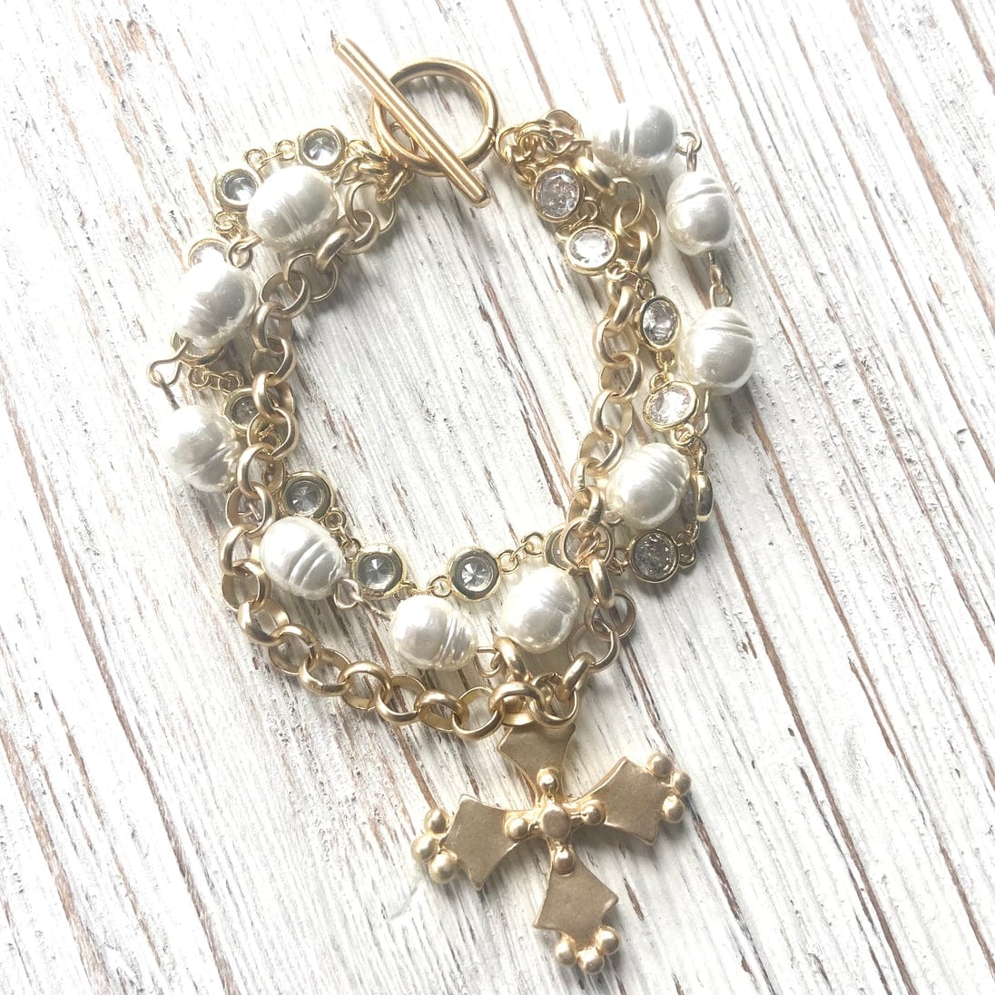 VB&CO Designs Handmade Jewelry French Vintage Cross Pearl Matte Gold Triple Stacked Bracelet - Little Miss Muffin Children & Home