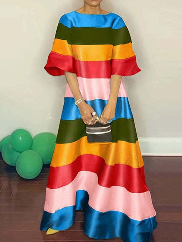 Flared Sleeve Orange Multi Stripe Maxi Dressl
