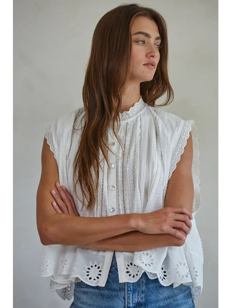 Cotton Eyelet Button Down Sleeveless Top