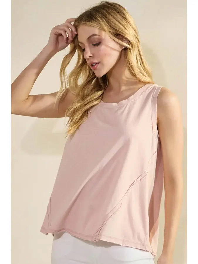 Soft Cotton Tank with Raw Edge Seams in Light Pink